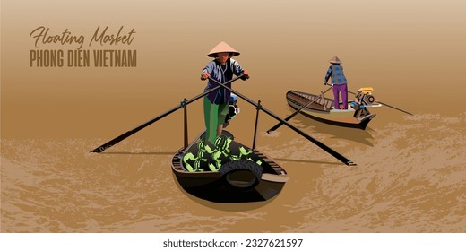 Ilustración vectorial del panorama del mercado flotante en Vietnam.