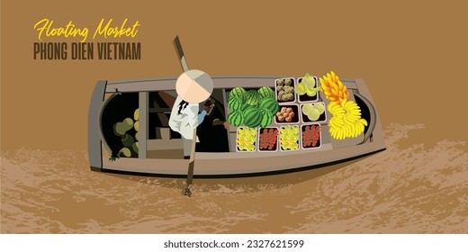 Vector illustration of floating market panorama in Vietnam.