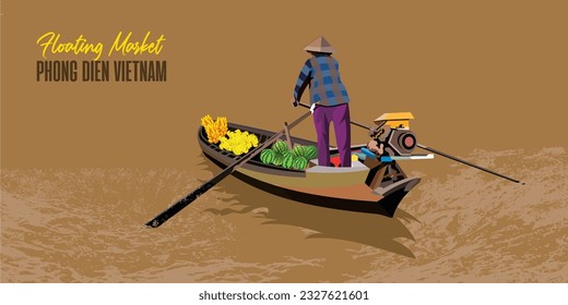 Vector illustration of floating market panorama in Vietnam.