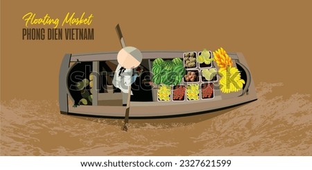 Vector illustration of floating market panorama in Vietnam.