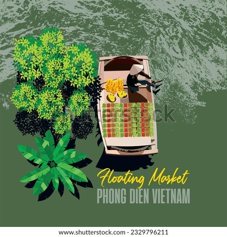 Vector illustration of floating market panorama in Vietnam.