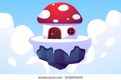 Ilustración vectorial de una plataforma de nieve flotante en las nubes con una casa de cuento de hadas en forma de una mosca agárica. Concepto de un juego de isla para niños. Interfaz gráfica.