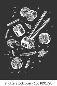 Vector illustration of a floating in space sushi rolls set. Sushi with a chopsticks, seafood, nori, Japanese fast food, shrimp, cucumber slice. Hand drawn style.