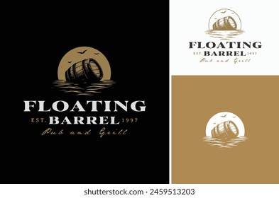 Vector illustration of Floating Wooden Cask on the sea waves. Old Rustic Beer Barrels Adrift in the Ocean for Vintage Bar Pub or Brewing Brewery logo design