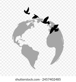 Vector illustration of flock of birds with world map on transparent background 