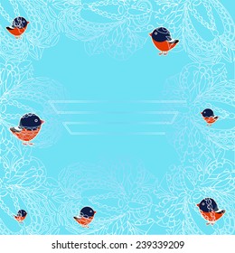 Vector illustration of a flock of bullfinches through the frosty pattern