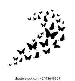 Vector illustration of a flock of butterflies soaring upwards on a white background.