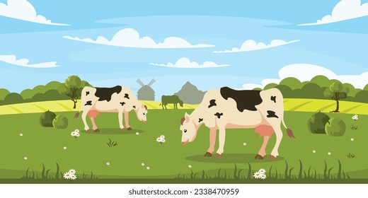 Vector illustration of a flock of cows in cartoon style. Pasture for a group of animals in the open. Grass bushes and trees grow on the field. Rural life.