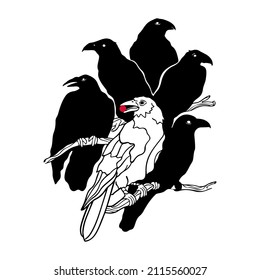 Vector illustration of a flock of crows sitting on tree branches. One white crow among all blacks. Not like everyone else a white crow. Isolated on white background.