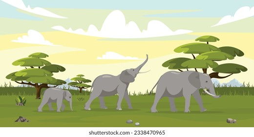 Vector illustration of a flock of elephants in cartoon style. Large animals walk on the steppes and forests of the savannah. Wildlife of Africa.