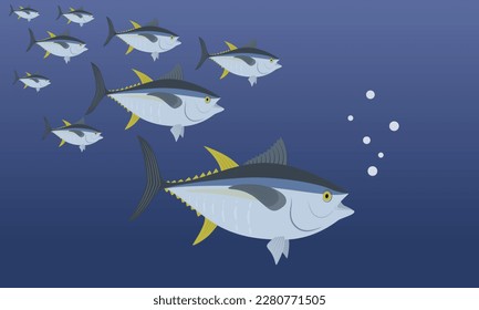 Ilustración vectorial de una manada de peces. Atún en el mar.