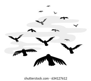 Vector illustration a flock of flying birds. starlings.