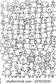 vector - illustration flock of sheep, funny, cartoon animals, crowd - pattern