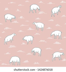 Vector illustration with flock of sheeps on blue background. Childish design with sweet animals.