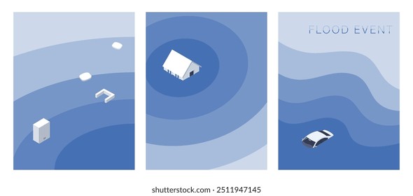 Vector illustration of a flooded house, house, car, furniture showing flooding icons. natural flood disaster icon