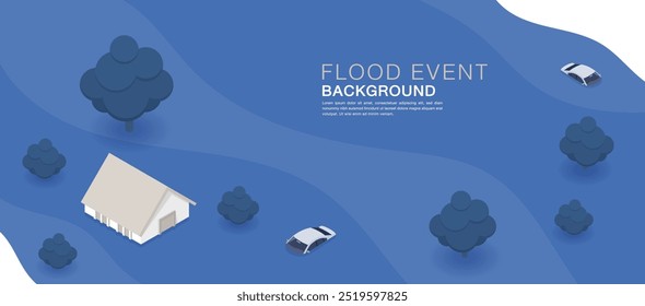 Vector illustration of a flooded house, house, car, furniture showing flooding icons. natural flood disaster icon