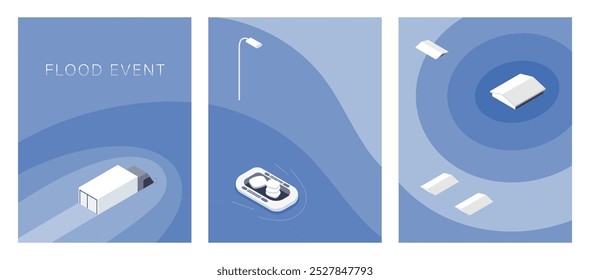 Ilustração vetorial de uma casa inundada, casa, carro, móveis mostrando ícones de inundação.