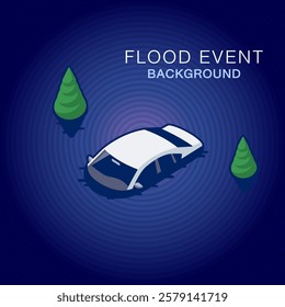 Vector illustration of a flooded house, house, car, furniture showing flooding icons. natural flood disaster icon