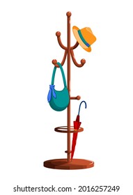  Vector illustration of a floor hanger with a hat and bag and an umbrella hanging on it. Red, yellow, turquoise. Autumn. Cartoon style. The isolated object on a white background. Wooden hanger
