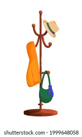 Ilustración vectorial de un colgador en el suelo en el que cuelgan una chaqueta, un sombrero y una bolsa. Estilo de caricatura. Objeto aislado sobre fondo blanco. Percha de madera