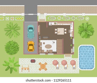 Vector illustration. A floor plan of a house and a garden with a swimming pool. Top view.