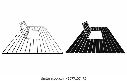 Ilustración vectorial de trampilla o escotilla de piso con perspectiva de silla en contorno, silueta, línea de arte blanco y negro, estilo minimalista, ideal para la Plantilla arquitectónica, de construcción y de diseño.