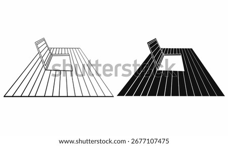 Vector illustration of floor trapdoor or hatch with chair perspective in outline, silhouette,black and white line art, minimal style, ideal for architecture, construction, and design template.