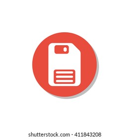 Vector illustration of floppy disc sign icon on red circle background.