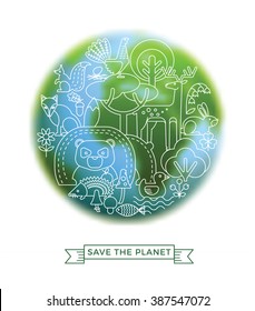 Vector illustration of flora and fauna on earth. Conceptual design for the conservation of nature. Trendy graphic style. 
