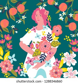 Vector illustration with Flora with flowers in frame of oranges branches in bloom.
