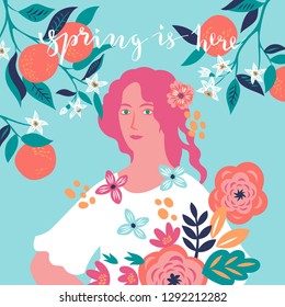 Vector illustration with Flora with flowers in frame of oranges branches in bloom and ink lettering "Spring is here".
