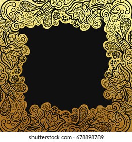 Vector illustration of floral abstract frame with copy space, square ornament vignette cut out in gold foil on black background