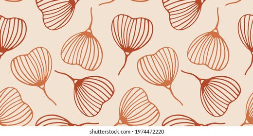 Vector illustration. Floral abstract seamless pattern with terracotta and red leaves isolated on creme background. Simple hand drawn doodle clipart. Perfect for fabric, textile, cards, banner,wrapping