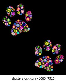  vector illustration of  floral  animal paw print on black background