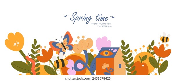 Ilustración vectorial. Arreglo floral, marco de primavera, estilo moderno, flores de verano, bandera horizontal.