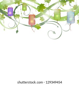 Vector Illustration of a Floral Background with Colorful Lanterns