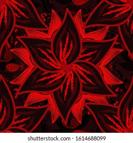 Vector illustration. Floral background. Colorful seamless pattern. In cute textile style on brown, red and black colors. Flowers wallpaper.