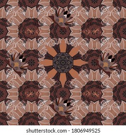 Vector illustration. Floral background. In cute textile style on brown, gray and beige colors. Colorful seamless pattern. Flowers wallpaper.