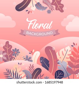 Vector illustration of floral background with flowers and leaves in trendy flat style with bright vibrant gradient colors and text space designed for banner, poster, greeting card and invitation card