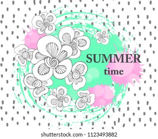 Vector illustration of  a floral background with ink drops. Summer time text.