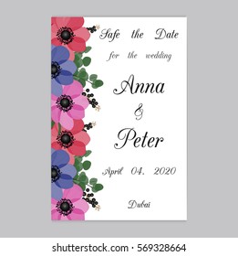 Vector illustration. Floral background with place for your text. Flowers anemones, roses, peony. Invitation Card - wedding, birthday, party, baby shower, Mother's Day, 