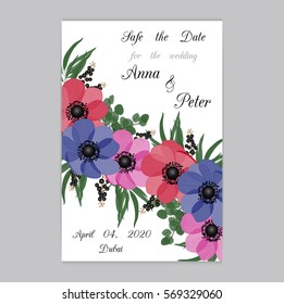 Vector illustration. Floral background with place for your text. Flowers anemones, roses, peony. Invitation Card - wedding, birthday, party, baby shower, Mother's Day, 