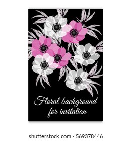 Vector illustration. Floral background with place for your text. Flowers anemones, roses, peony. Invitation Card - wedding, birthday, party, baby shower, Mother's Day, Valentine's Day.