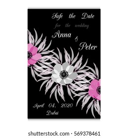 Vector illustration. Floral background with place for your text. Flowers anemones, roses, peony. Invitation Card - wedding, birthday, party, baby shower, Mother's Day, Valentine's Day.