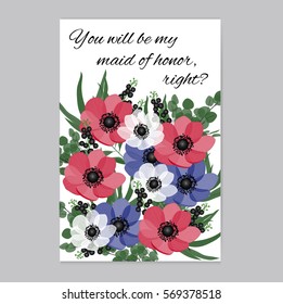 Vector illustration. Floral background with place for your text. Flowers anemones, roses, peony. Invitation Card - wedding, birthday, party, baby shower, Mother's Day, Valentine's Day.