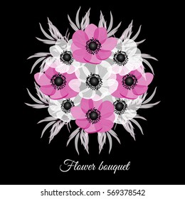Vector illustration. Floral background with place for your text. Flowers anemones, roses, peony. Invitation Card - wedding, birthday, party, baby shower, Mother's Day, Valentine's Day.