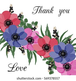 Vector illustration. Floral background with place for your text. Flowers anemones, roses, peony. Invitation Card - wedding, birthday, party, baby shower, Mother's Day, Valentine's Day.