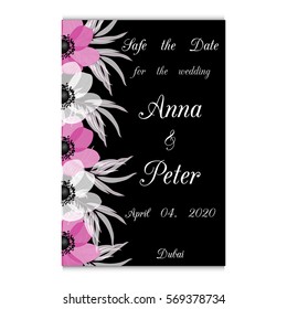Vector illustration. Floral background with place for your text. Flowers anemones, roses, peony. Invitation Card - wedding, birthday, party, baby shower, Mother's Day, Valentine's Day.