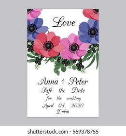 Vector illustration. Floral background with place for your text. Flowers anemones, roses, peony. Invitation Card - wedding, birthday, party, baby shower, Mother's Day, Valentine's Day.