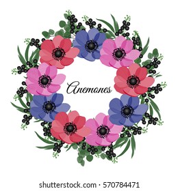Vector illustration. Floral background with place for your text. Flowers anemones, roses, peony. Invitation Card - wedding, birthday, party, baby shower, Mother's Day, Valentine's Day.